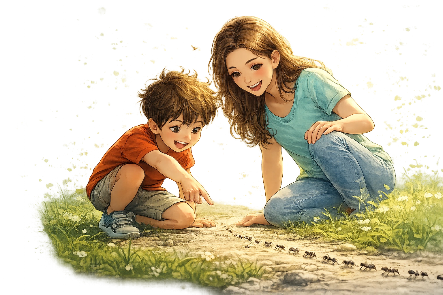 Mãe e filho investigando juntos