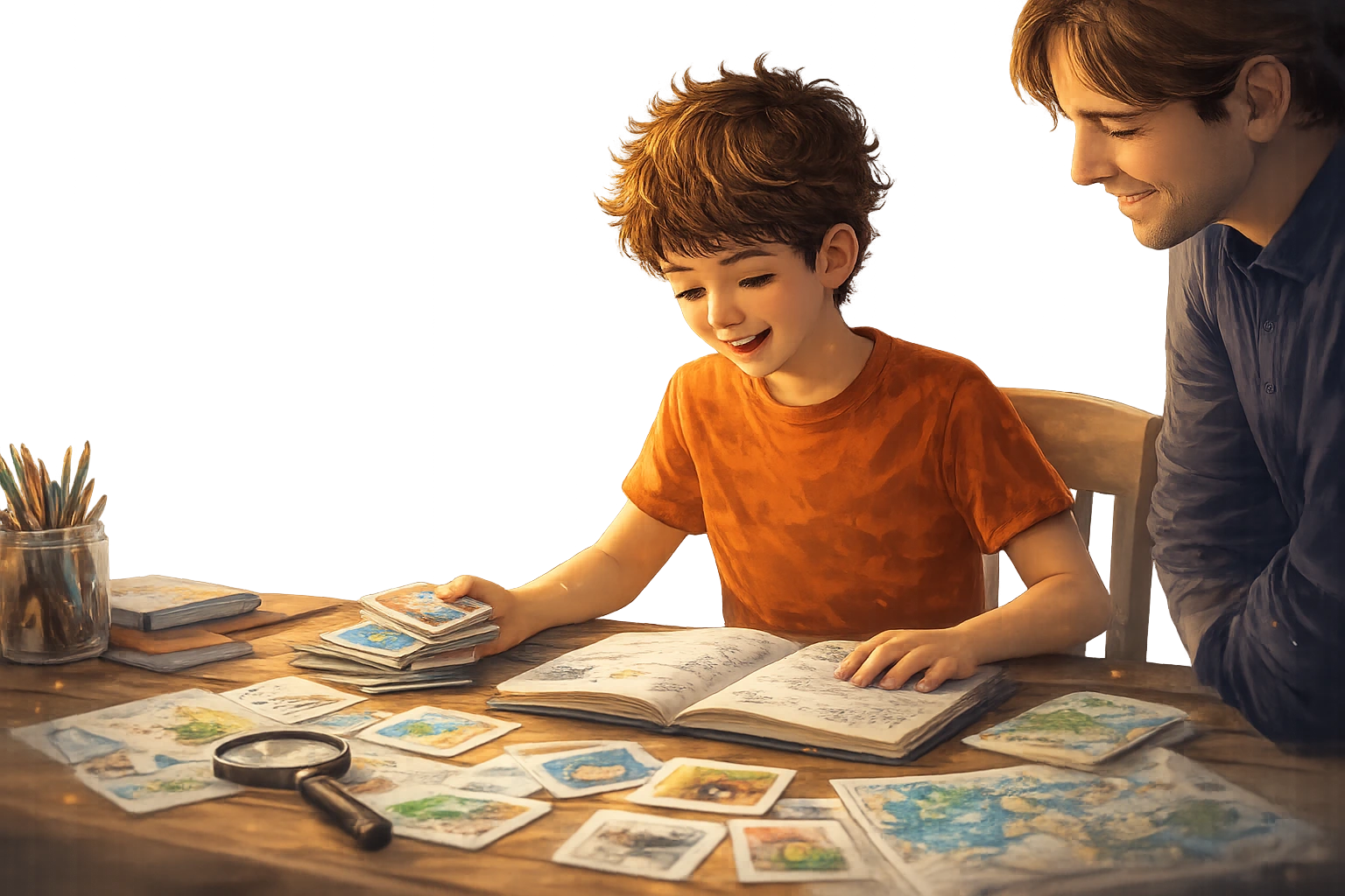 Pai e filho investigando juntos